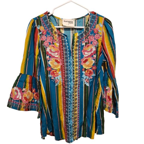 Savanna Jane Size Small Serape Stripe Embroidered Bell Sleeve Boho Tunic Blouse - Picture 3 of 9
